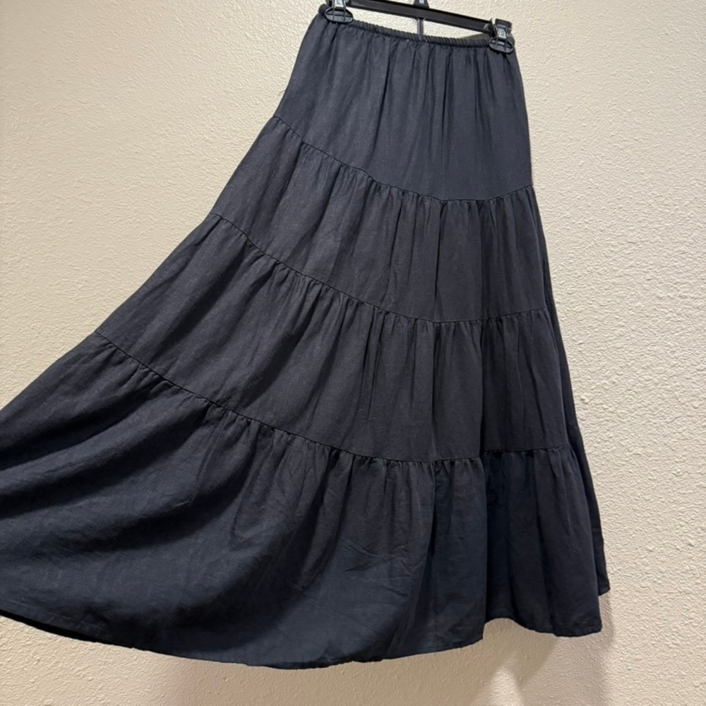 Cotton On Tiered Maxi Skirt Women 0 Black Linen Blend Boho Flowy Drawstring - Picture 2 of 6